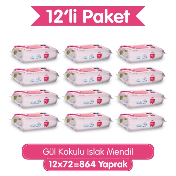 Paddlers Gül Kokulu Islak Mendil 12x72 li Koli (864 Yaprak) ürün görseli 1