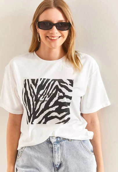 Baskılı Basic Bisiklet Yaka Örme T-Shirt- Önü Siyah - Resim 2