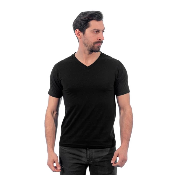 V Yaka Tişört, Siyah -113E250- T-shirt, Tshirt, Kısa Kollu ürün görseli 1