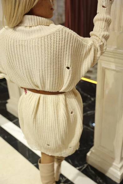 Bej Boğazlı Kazak Elbise - Resim 9