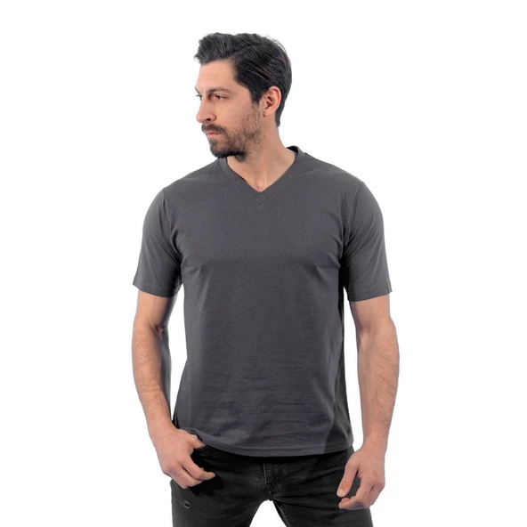 V Yaka Tişört, Koyu Gri -113E232- T-shirt, Tshirt, Kısa Kollu ürün görseli 1