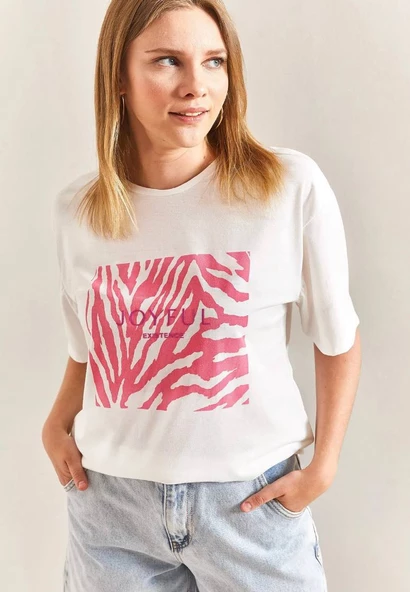 Baskılı Basic Bisiklet Yaka Örme T-Shirt Önü Pembe ürün görseli 1