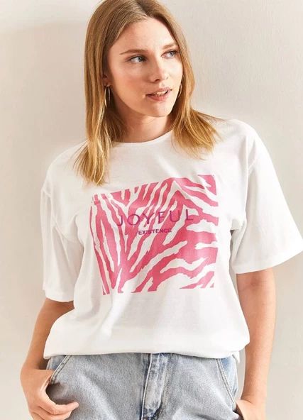 Baskılı Basic Bisiklet Yaka Örme T-Shirt Önü Pembe - Resim 3