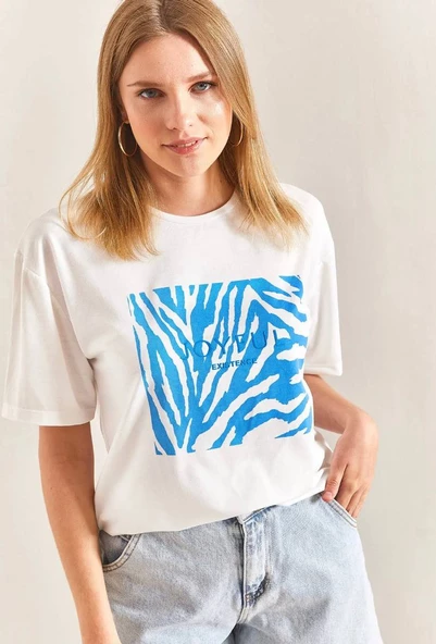 Baskılı Basic Bisiklet Yaka Örme T-Shirt Önü Mavi - Resim 2