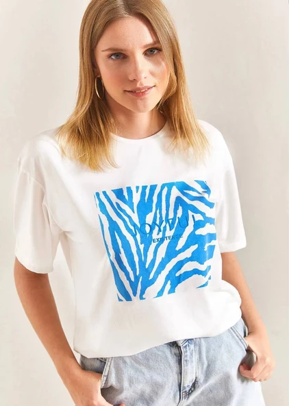 Baskılı Basic Bisiklet Yaka Örme T-Shirt Önü Mavi - Resim 3