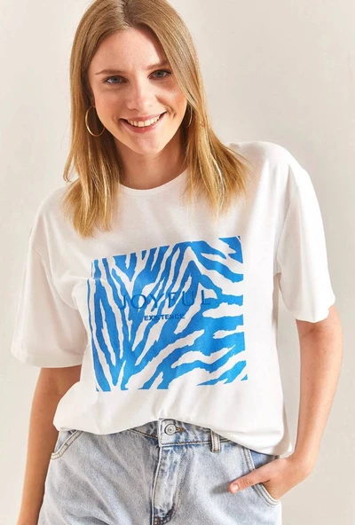 Baskılı Basic Bisiklet Yaka Örme T-Shirt Önü Mavi ürün görseli 1