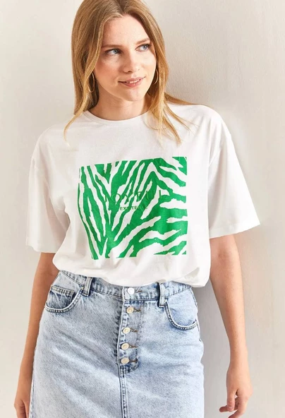 Baskılı Basic Bisiklet Yaka Örme T-Shirt Önü Yeşil ürün görseli 1