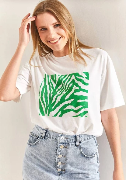Baskılı Basic Bisiklet Yaka Örme T-Shirt Önü Yeşil - Resim 3