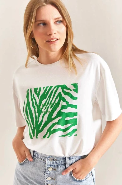 Baskılı Basic Bisiklet Yaka Örme T-Shirt Önü Yeşil - Resim 2