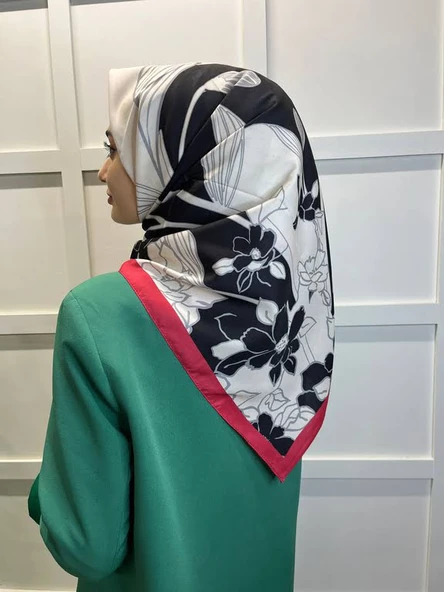Eflatun Scarf Dijital Baskı Tomurcuk Desen Rayon Eşarp 00749  SİYAH KIRMIZI ürün görseli 1