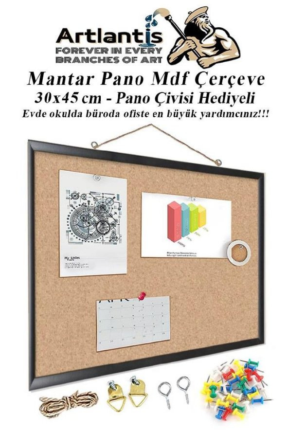 Mantar Pano Mdf Çerçeve 30x45 cm 1 Adet Harita Çivisi Hediyeli Duvara Monte Mantar Çerçeve Evde Okulda Büroda Ofiste ürün görseli 1