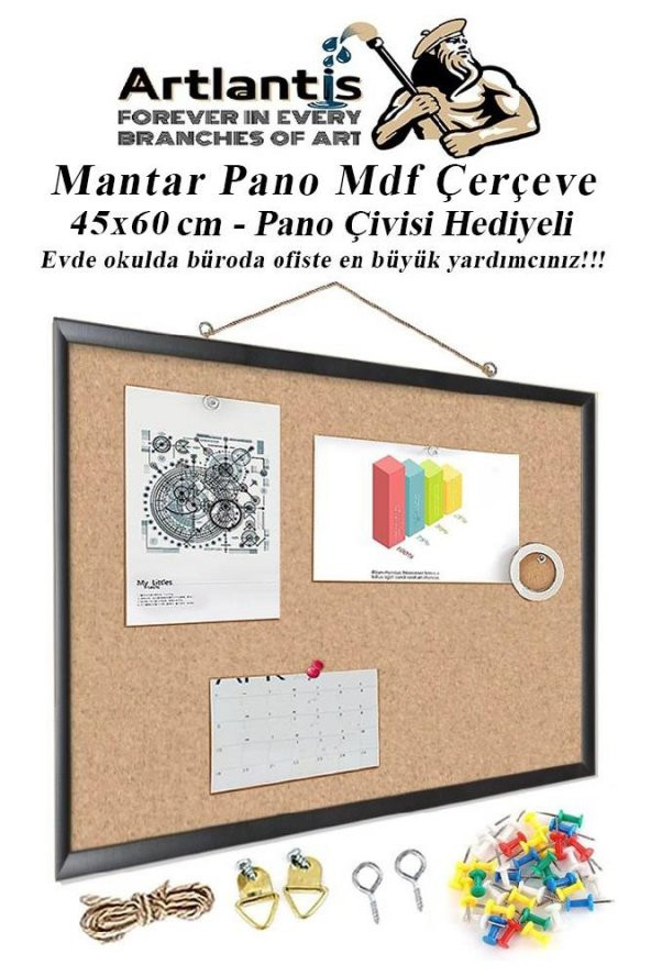Mantar Pano Mdf Çerçeve 45x60 cm 1 Adet Harita Çivisi Hediyeli Duvara Monte Mantar Çerçeve Evde Okulda Büroda Ofiste ürün görseli 1