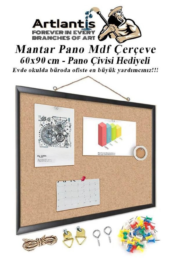 Mantar Pano Mdf Çerçeve 60x90 cm 1 Adet Harita Çivisi Hediyeli Duvara Monte Mantar Çerçeve Evde Okulda Büroda Ofiste ürün görseli 1