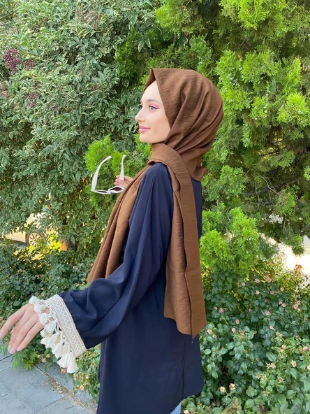 Siyane Scarf Kendinden Kırışık Kumaş Tek Renk Jazz Şal 00516  KAHVERENGİ ürün görseli 1