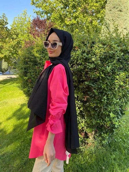 Siyane Scarf Kendinden Kırışık Kumaş Tek Renk Jazz Şal 00516  SİYAH ürün görseli 1