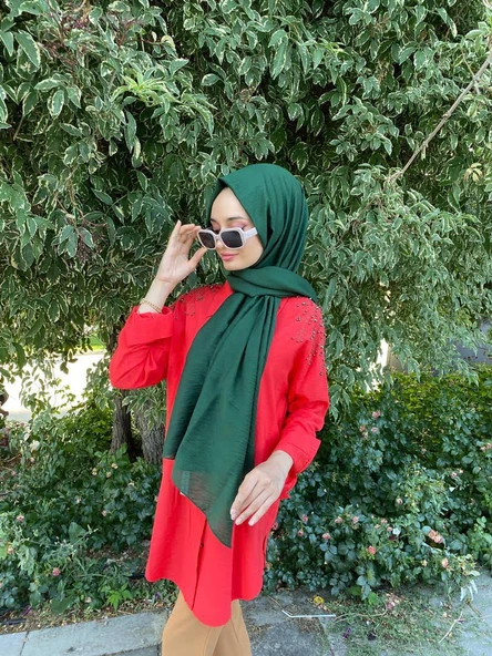 Siyane Scarf Kendinden Kırışık Kumaş Tek Renk Jazz Şal 00516  ZÜMRÜT ürün görseli 1