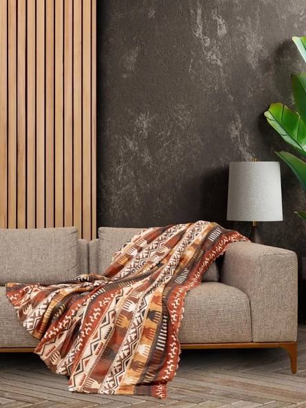 SoftMicro Etnik Desenli Boho 130x180 cm Koltuk Örtüsü Şalı, Kanepe Örtüsü, Tv Battaniyesi Toprak ürün görseli 1