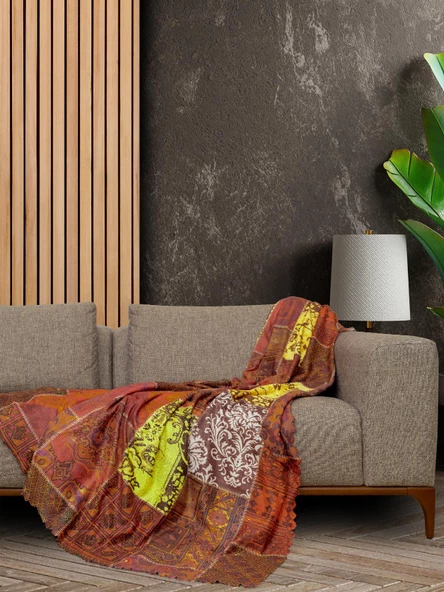 SoftMicro Etnik Desenli Boho 130x180 cm Koltuk Örtüsü Şalı, Kanepe Örtüsü, Tv Battaniyesi Kiremit Rengi ürün görseli 1