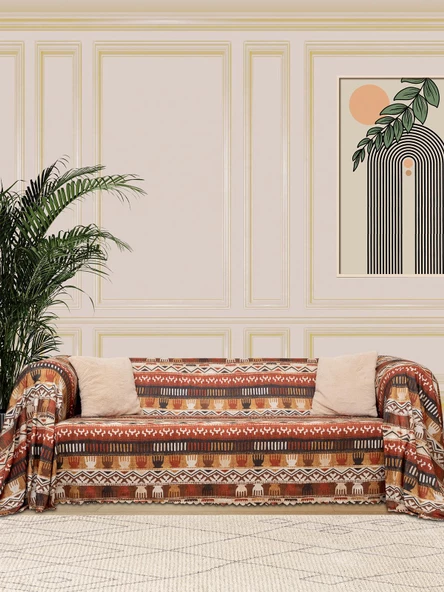 SoftMicro Etnik Desenli Boho 180x220 cm Koltuk Örtüsü Şalı, Kanepe Örtüsü, Tv Battaniyesi Toprak ürün görseli 1
