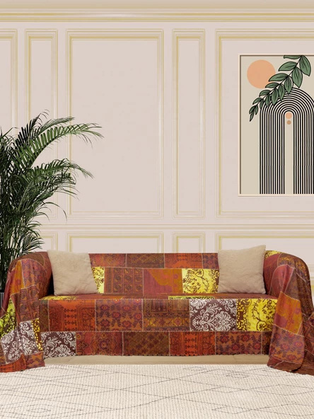 SoftMicro Etnik Desenli Boho 180x300 cm  Koltuk Örtüsü Şalı, Kanepe Örtüsü, Tv Battaniyesi Kiremit Rengi ürün görseli 1
