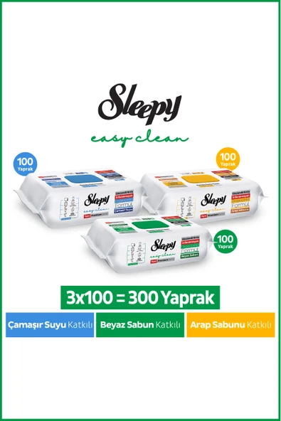 Sleepy Easy Clean Premium Beyaz Sabun Katkılı+Çamaşır Suyu Katkılı+Arap Sabunu KatkılıYüzey Temizlik Havlusu Mendili 3x100 (300 Yaprak) ürün görseli 1