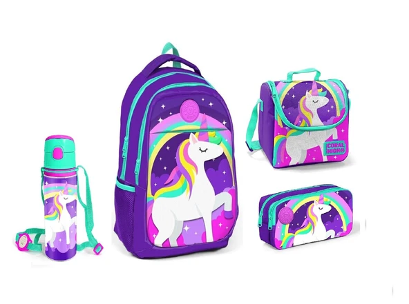 Coral High Lacivert Unicorn Desenli Beslenme Okul Çantası Kalemlik + Matara ürün görseli 1