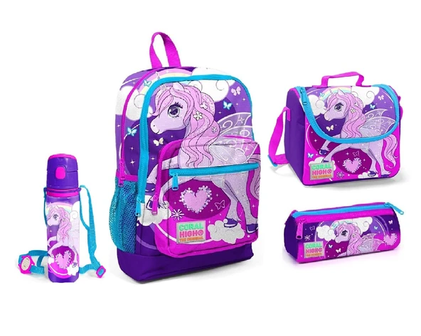 Coral High Mor Unicorn Desenli Beslenme Okul Çantası Kalemlik + Matara ürün görseli 1