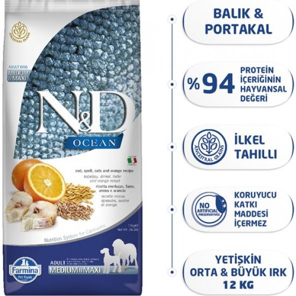 N&D Düşük Tahıllı Ocean Morina Balıklı Portakallı Yetişkin Köpek Maması 12 kg ürün görseli 1