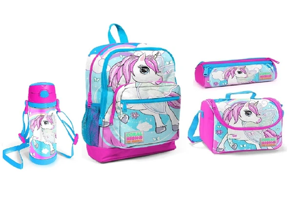 Coral High Unicorn Desenli Beslenme Okul Çantası Kalemlik + Çelik Termos ürün görseli 1