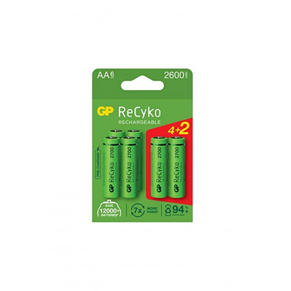 GP Recyko+ 2700 Aa Kalem Ni-mh Şarjlı Pil, 1.2 Volt, 6'lı Kart ürün görseli 1