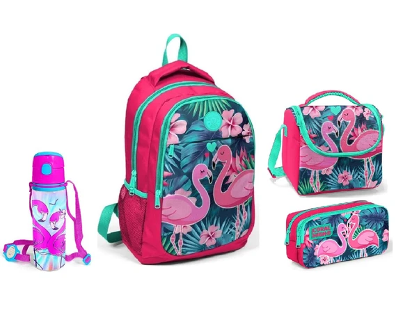 Coral High Flamingo Baskılı Beslenme Okul Çantası Kalemlik + Matara ürün görseli 1