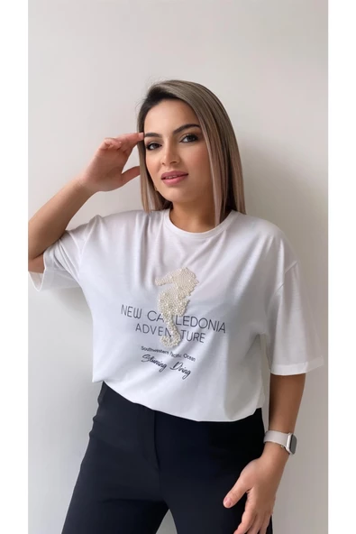 Inci Işlemeli Adven Ture Tişört /Ekru - Resim 7