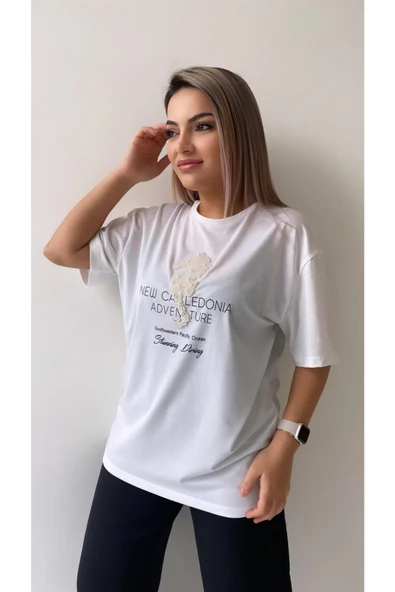 Inci Işlemeli Adven Ture Tişört /Ekru - Resim 3