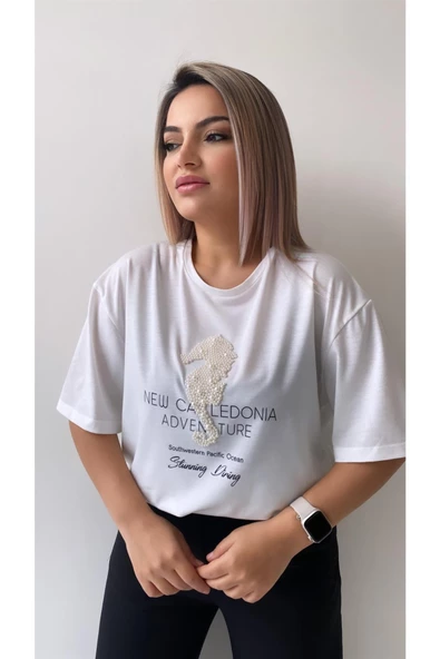 Inci Işlemeli Adven Ture Tişört /Ekru ürün görseli 1