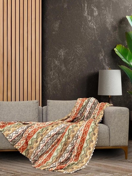 SoftMicro Etnik Desenli Boho 130x180 cm Koltuk Örtüsü Şalı, Kanepe Örtüsü, Tv Battaniyesi Doğal Renk ürün görseli 1