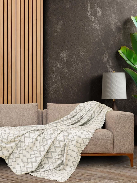 SoftMicro İskandinav Desenli 130x180 cm Koltuk Örtüsü Şalı,  Kanepe Örtüsü, Tv Battaniyesi Gri ürün görseli 1