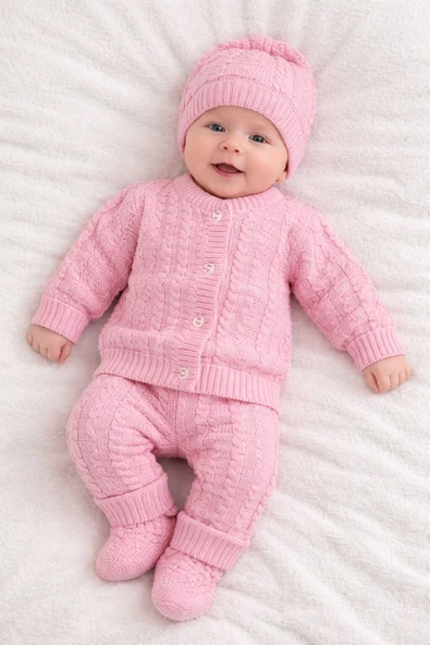 Pembe , Bereli Triko Kız Bebek Tulumu - Resim 2