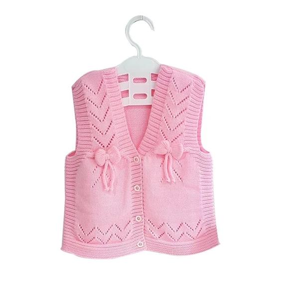 Lüx Pembe Kurdeleli Kız Bebek Triko Yelek ürün görseli 1