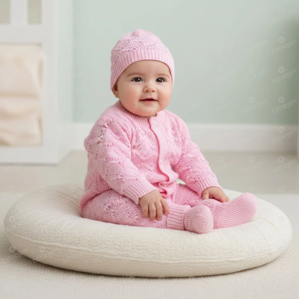 Pembe , Bereli Triko Kız Bebek Tulumu - Resim 7