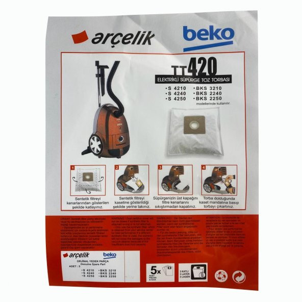 Arçelik Arçelik S 4210,S 4240C,S 4250,TRB 6986 B Orjinal Elektrikli Süpürge Toz Torbası (5 Adet) ürün görseli 1