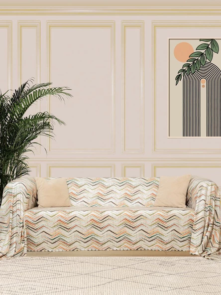 SoftMicro Zikzak Desenli 180x220 cm  Koltuk Örtüsü Şalı , Kanepe Örtüsü, Tv Battaniyesi Krem ürün görseli 1