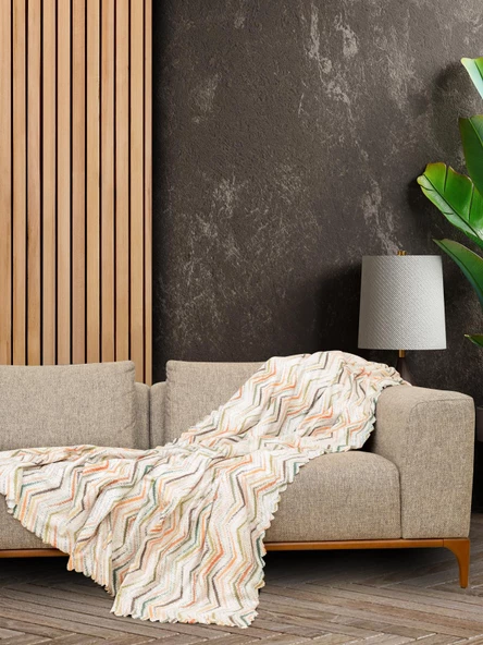 SoftMicro Zikzak Desenli 130x180 cm Koltuk Örtüsü Şalı, Kanepe Örtüsü, Tv Battaniyesi Krem ürün görseli 1