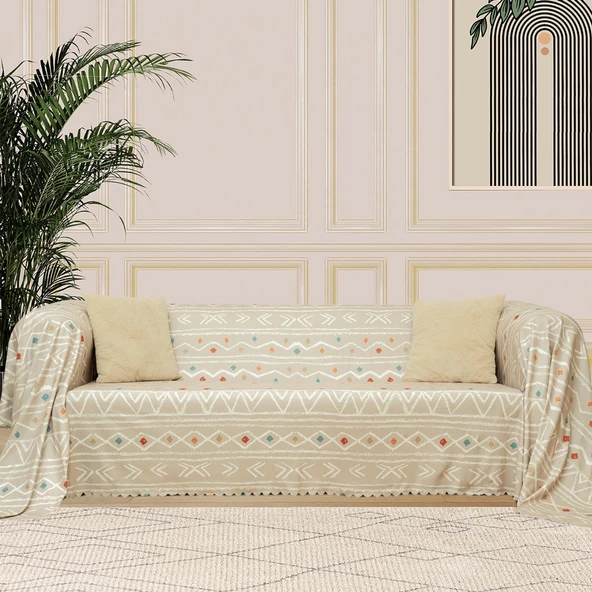 SoftMicro Etnik Desenli Boho 180x300 cm Koltuk Örtüsü Şalı, Kanepe Örtüsü, Tv Battaniyesi Camel ürün görseli 1