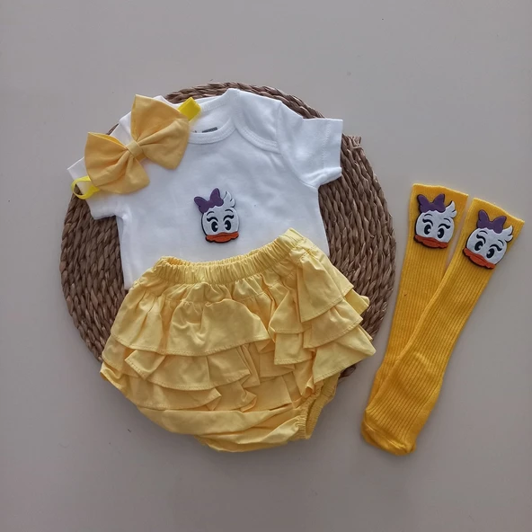 MARS BABY Kız Bebek Sarı Daisy Fırfır Şort Etek Bodyli Çorap Takımı ürün görseli 1