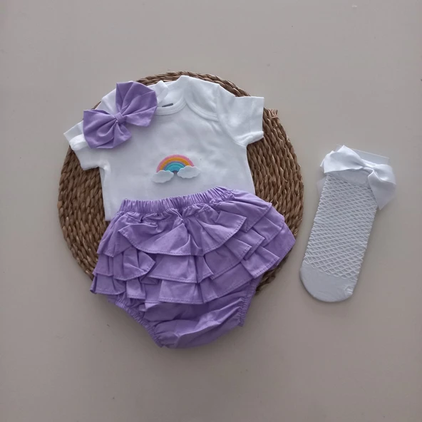MARS BABY Kız Bebek Lila Gökkuşağı Fırfır Şort Etek Bodyli Beyaz File Takımı ürün görseli 1