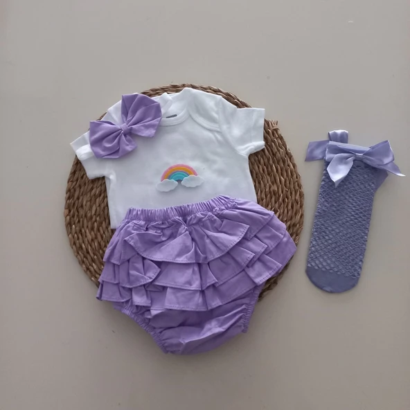 MARS BABY Kız Bebek Lila Gökkuşağı Fırfır Şort Etek Bodyli Lila File Takımı ürün görseli 1