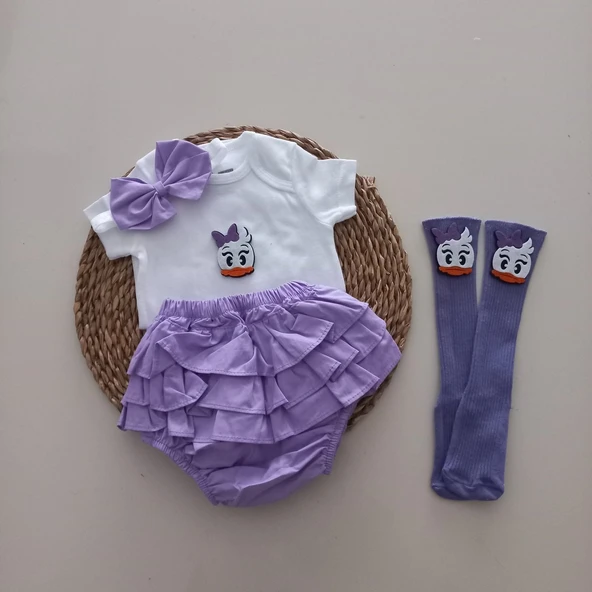 MARS BABY Kız Bebek Lila Daisy Fırfır Şort Etek Bodyli Çorap Takımı ürün görseli 1
