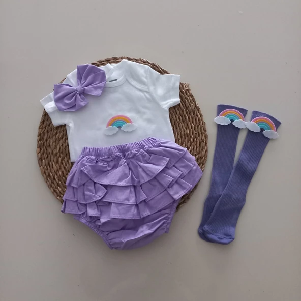 MARS BABY Kız Bebek Lila Gökkuşağı Fırfır Şort Etek Bodyli Çorap Takımı ürün görseli 1