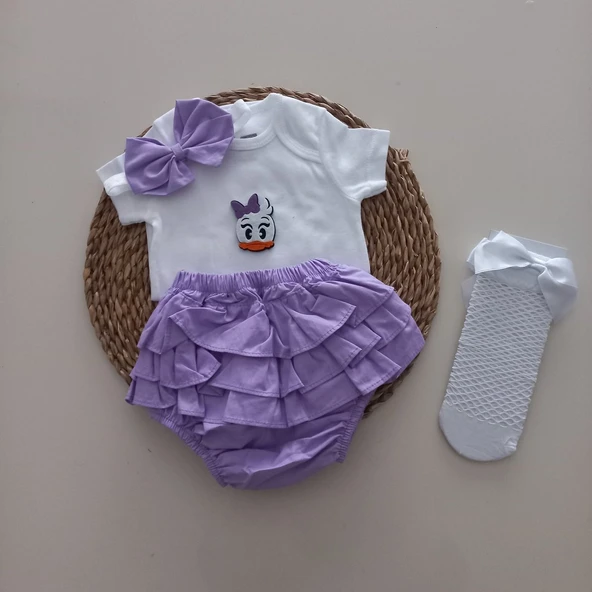 MARS BABY Kız Bebek Lila Daisy Fırfır Şort Etek Bodyli Beyaz File Takımı ürün görseli 1