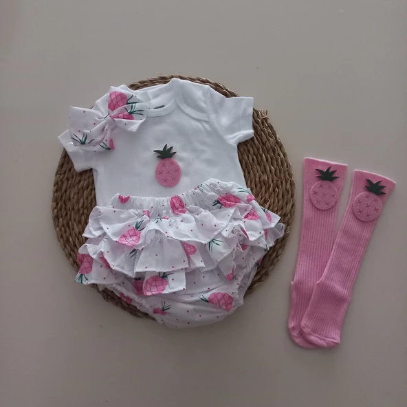MARS BABY Kız Bebek Ananas Fırfır Şort Etek Bodyli Çorap Takımı ürün görseli 1